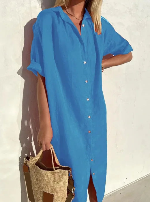 Blythe | Women's Collared Short Sleeve Midi Shirt Dress - Black - Image 3