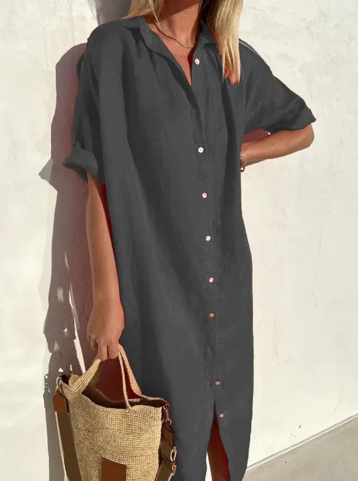 Blythe | Women's Collared Short Sleeve Midi Shirt Dress - Black - Image 4