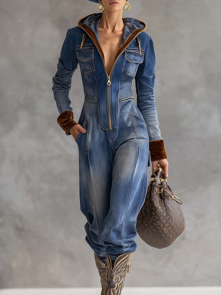 Brenna | Women's Hooded Zip Up Long Sleeve Jumpsuit - Blue - Image 1