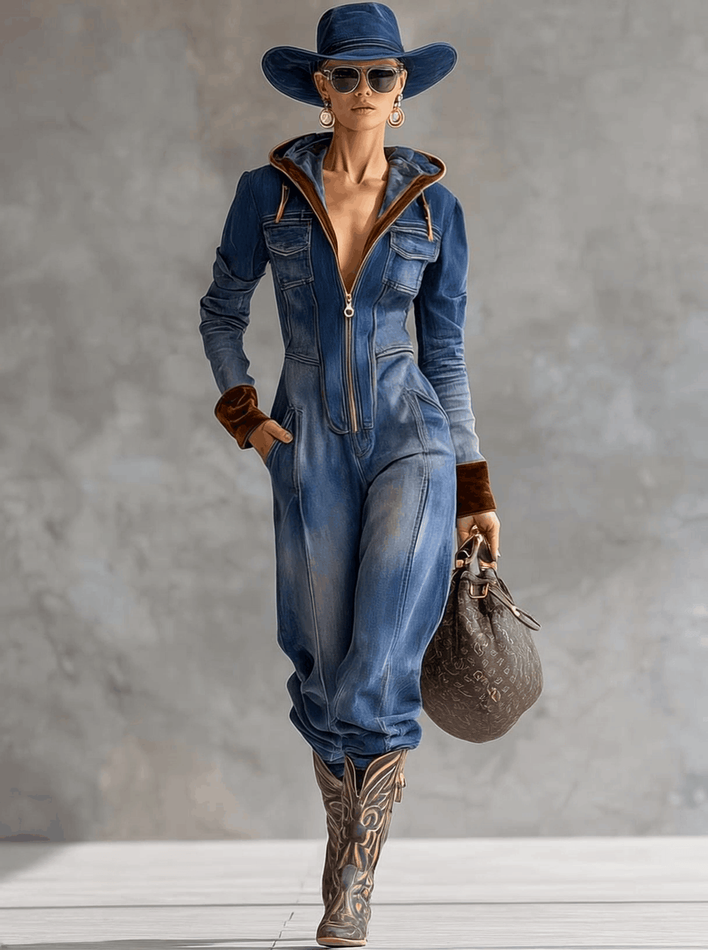 Brenna | Women's Hooded Zip Up Long Sleeve Jumpsuit - Blue - Image 2