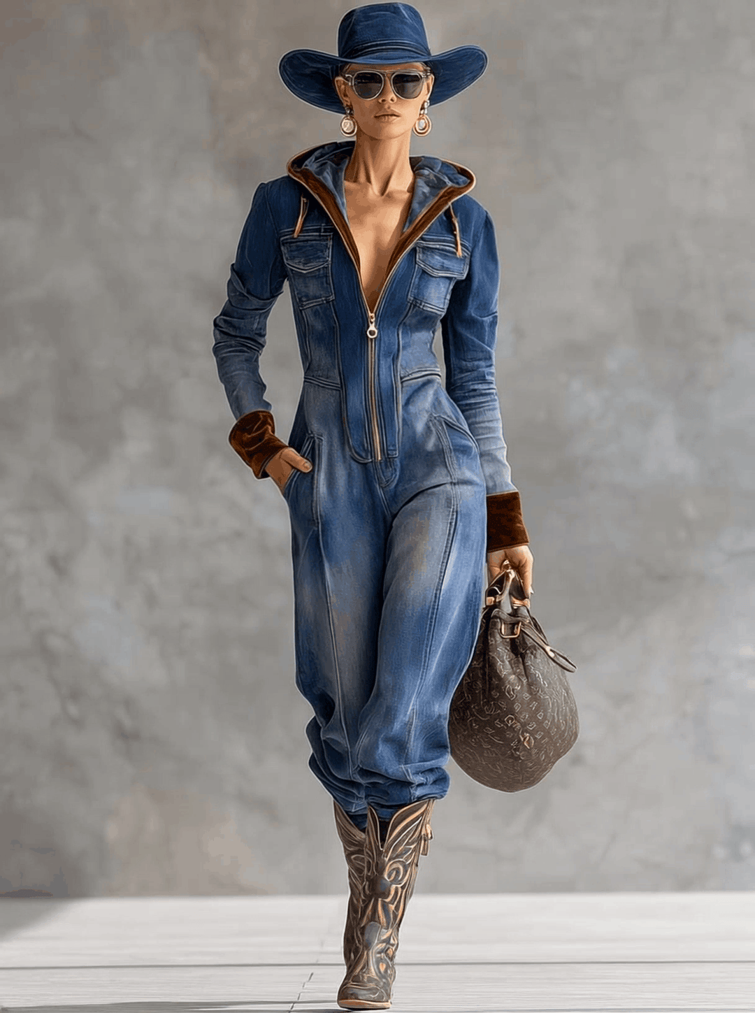 Brenna | Women's Hooded Zip Up Long Sleeve Jumpsuit - Blue - Image 2