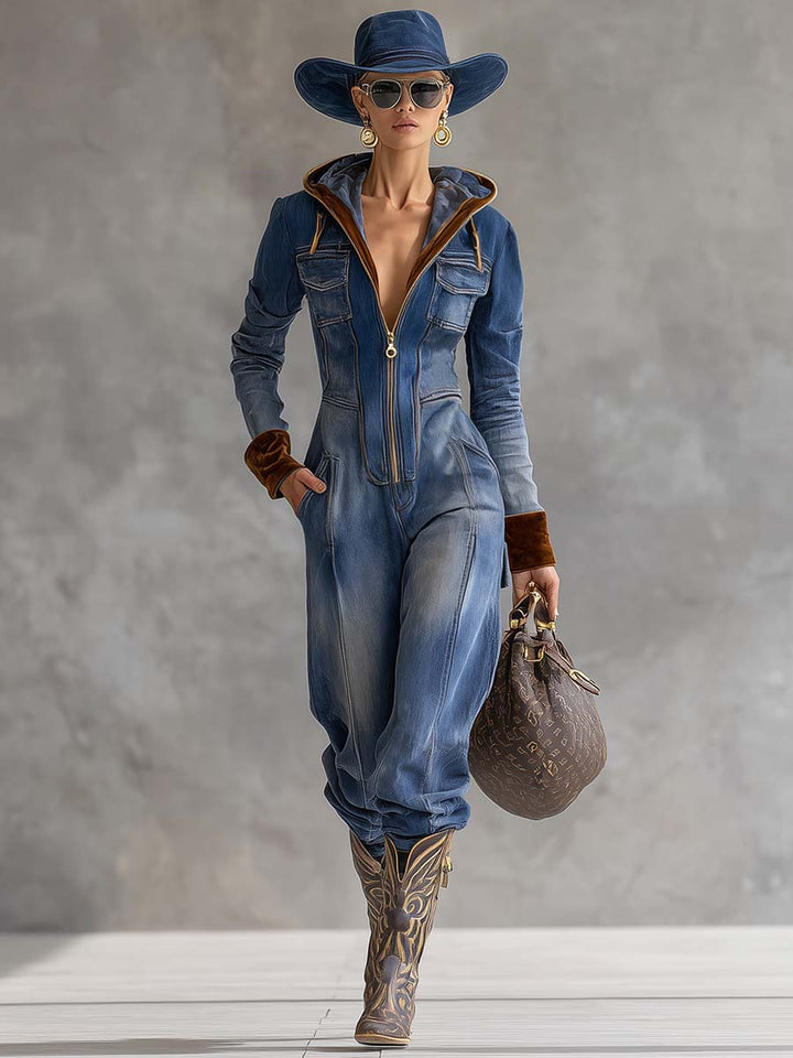 Brenna | Women's Hooded Zip Up Long Sleeve Jumpsuit - Blue - Image 3
