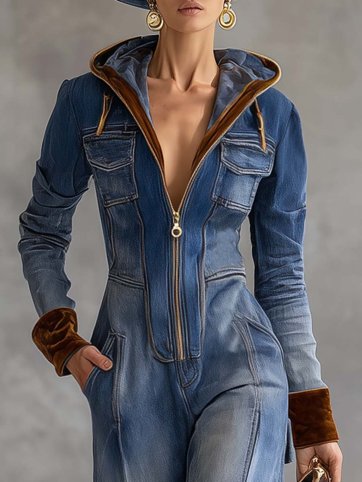 Brenna | Women's Hooded Zip Up Long Sleeve Jumpsuit - Blue - Image 4