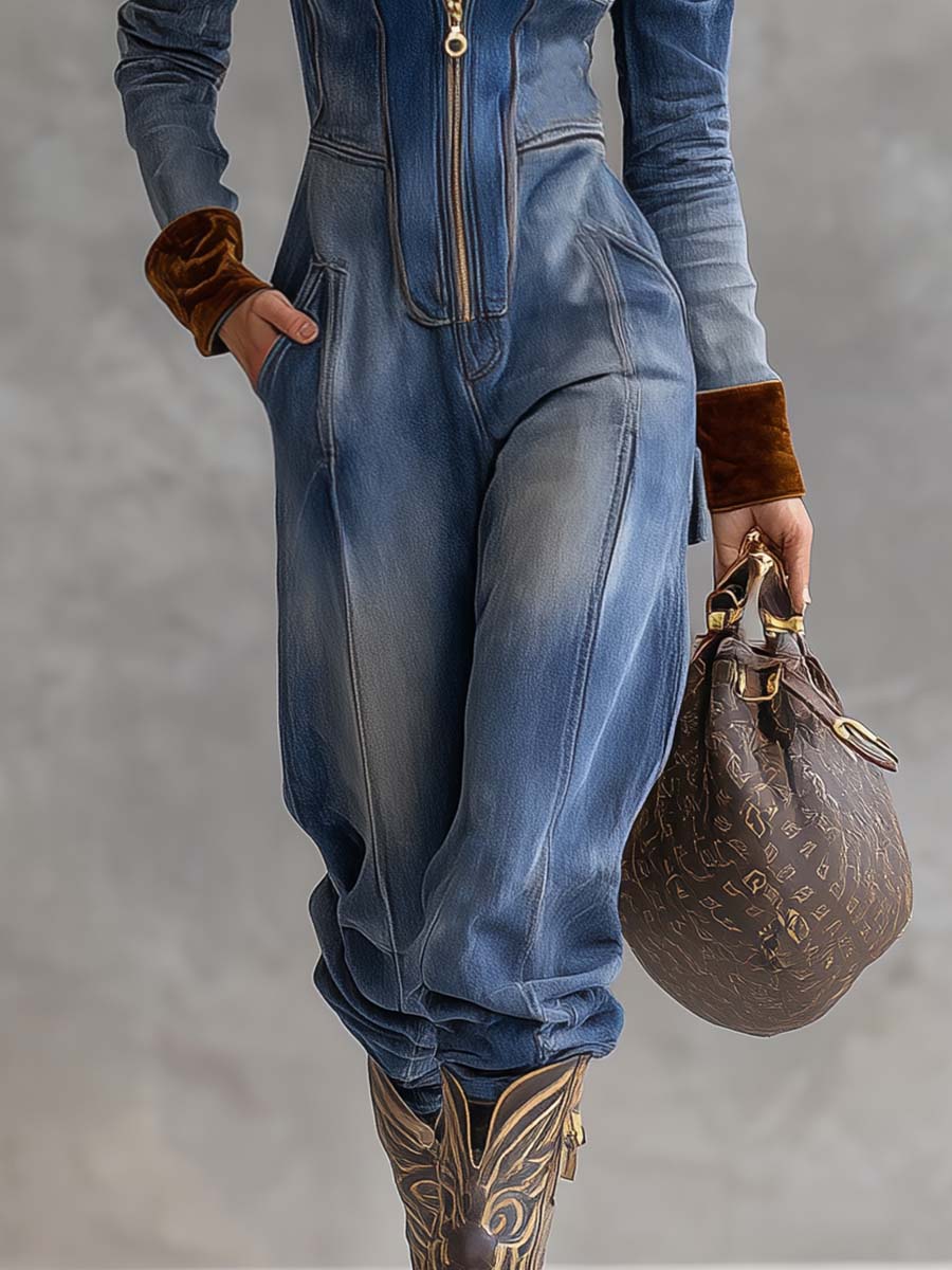 Brenna | Women's Hooded Zip Up Long Sleeve Jumpsuit - Blue - Image 5
