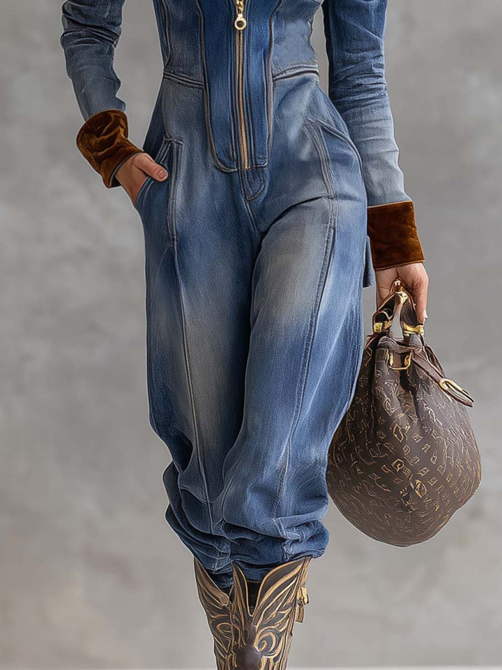 Brenna | Women's Hooded Zip Up Long Sleeve Jumpsuit - Blue - Image 5