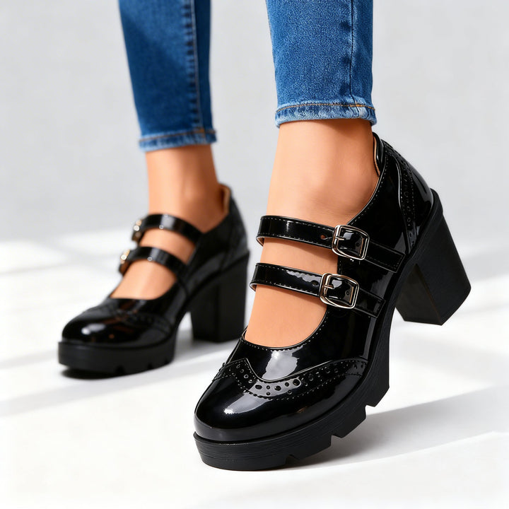 Brexley | Women's Double Strap Platform Mary Jane Heel - Black - Image 4