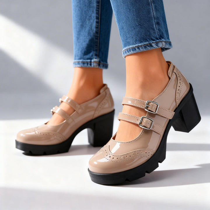 Brexley | Women's Double Strap Platform Mary Jane Heel - Black - Image 5