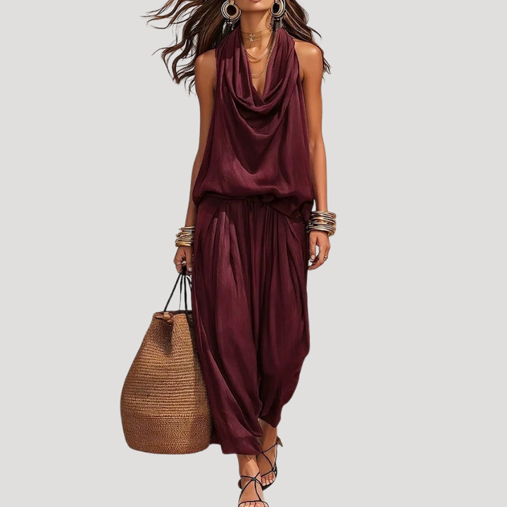 Brielle | Women's Cowl Neck Sleeveless Coordinated Set - Burgundy - Image 1