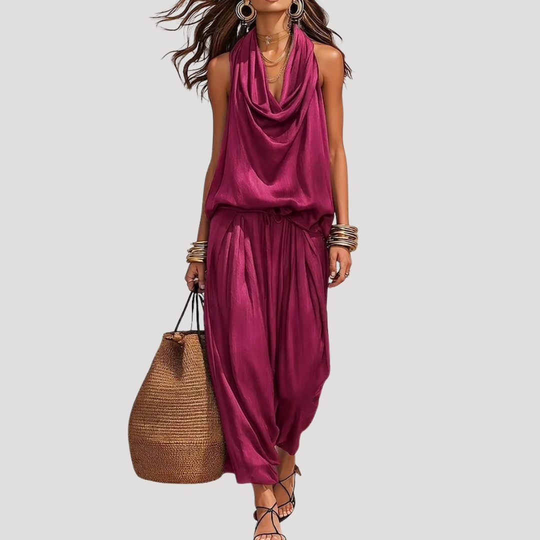 Brielle | Women's Cowl Neck Sleeveless Coordinated Set - Burgundy - Image 5