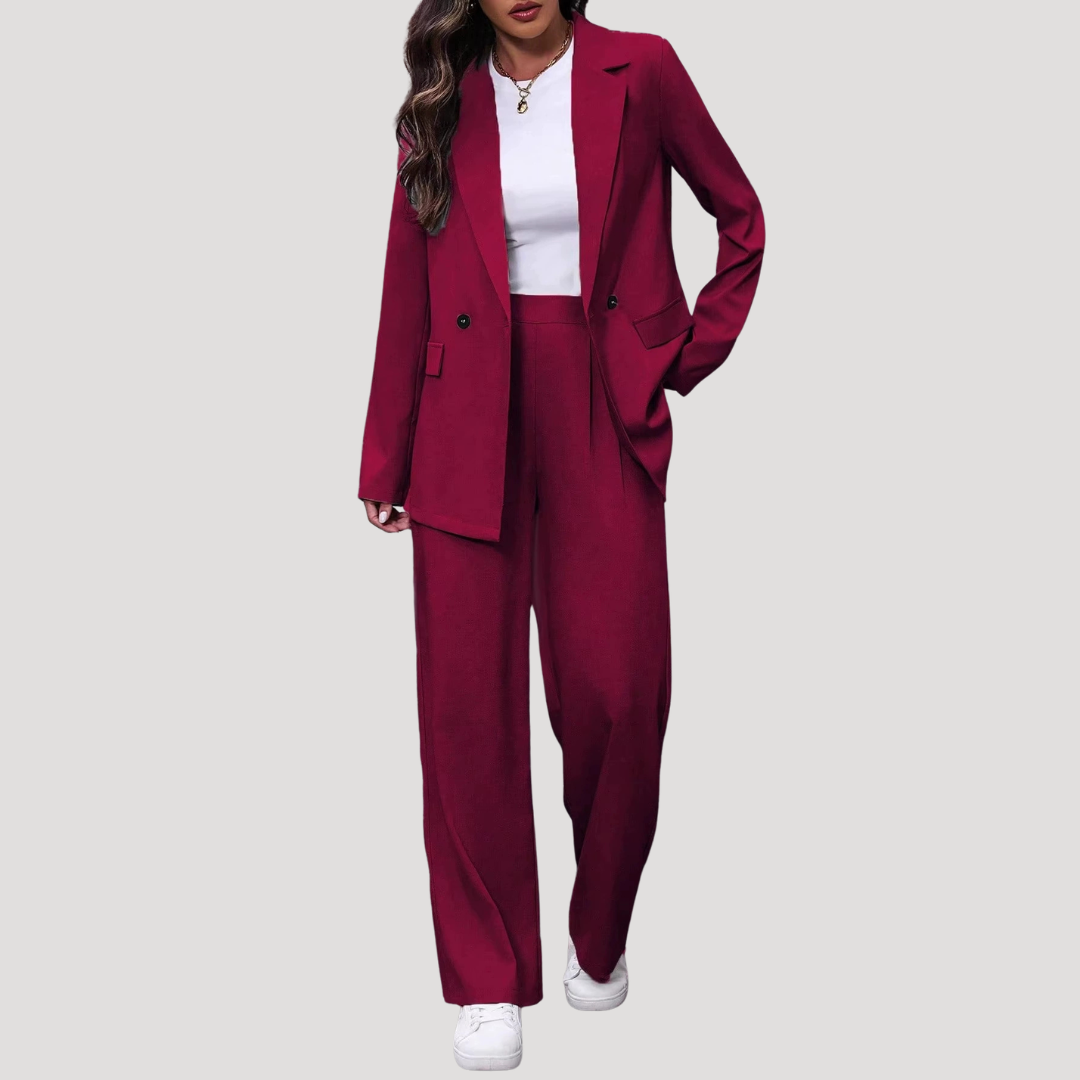 Brielle | Women's Double Breasted Blazer Trouser Suit Set - Burgundy - Image 1