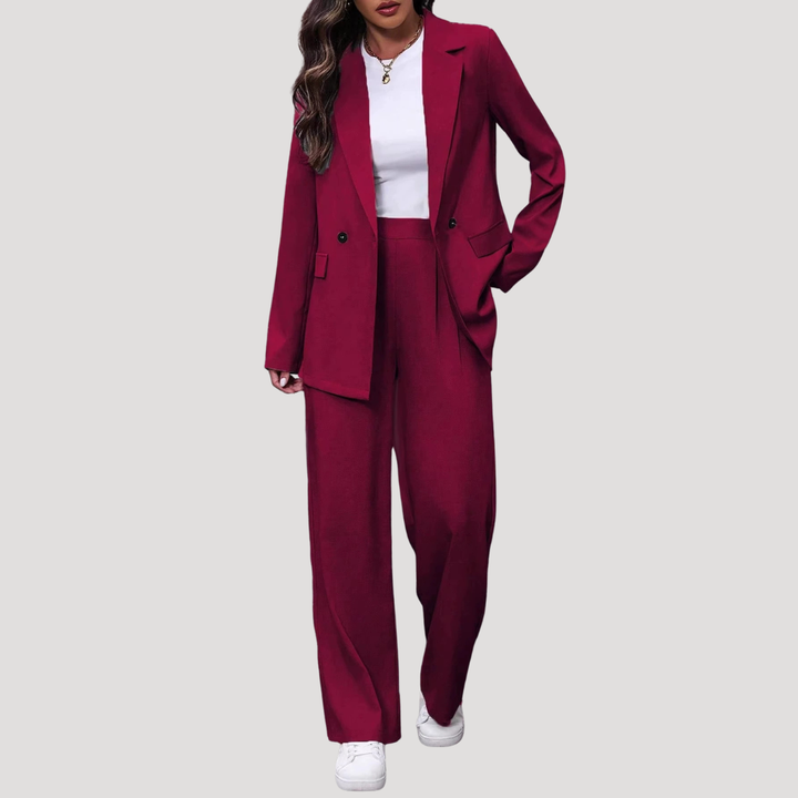 Brielle | Women's Double Breasted Blazer Trouser Suit Set - Burgundy - Image 1