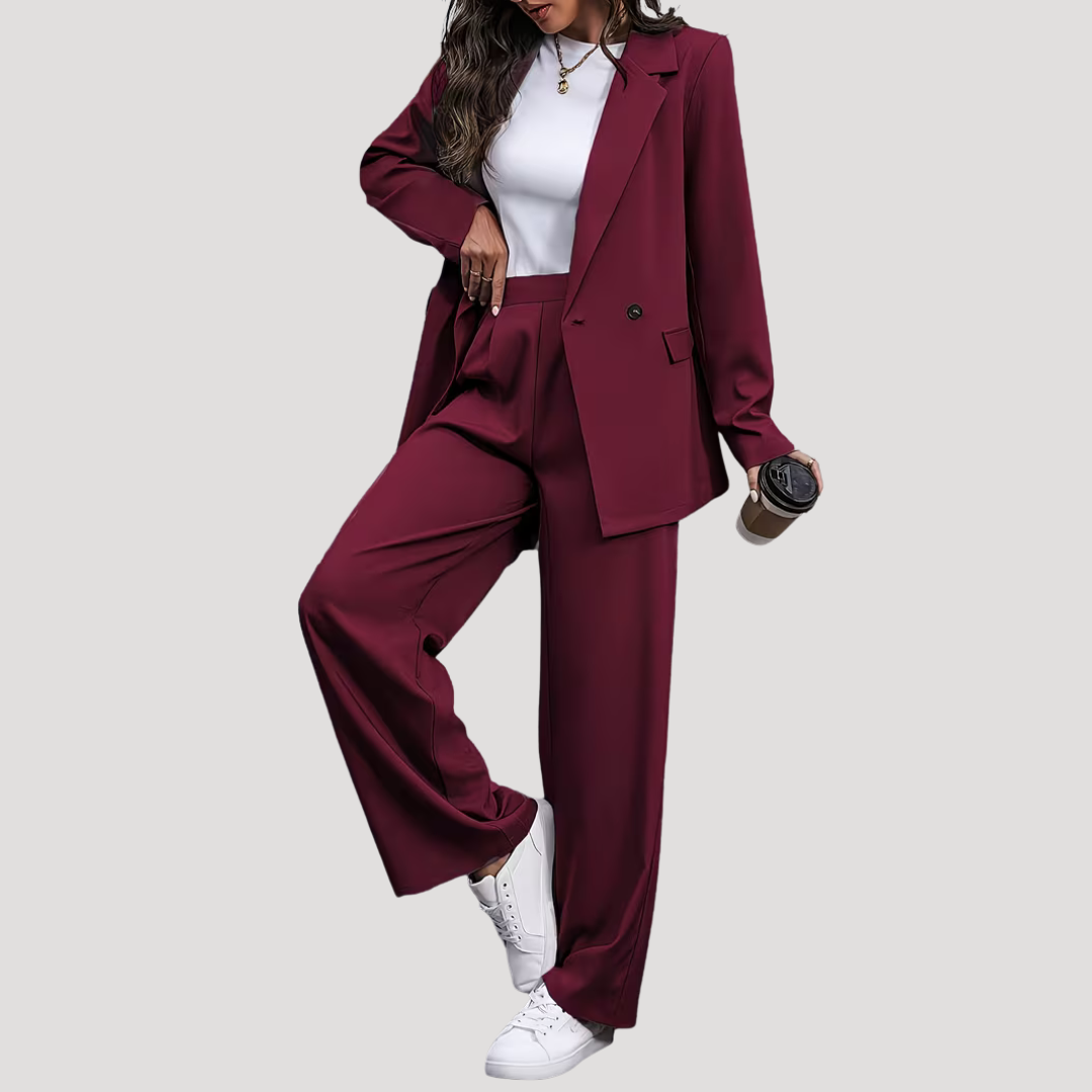 Brielle | Women's Double Breasted Blazer Trouser Suit Set - Burgundy - Image 2
