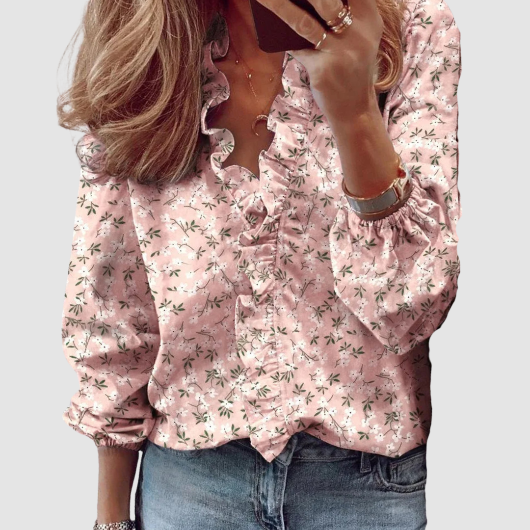 Brielle | Women's Floral Ruffle Long Sleeve Blouse - Pink - Image 1