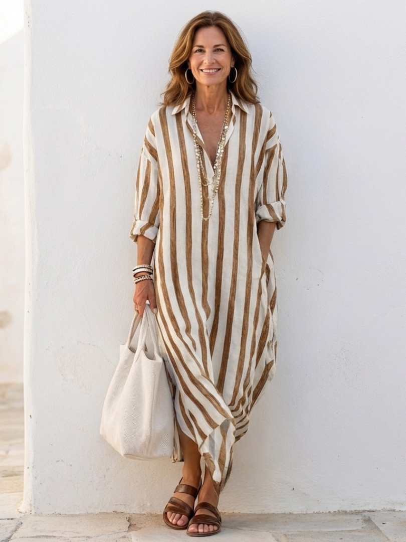 Brielle | Women's Striped Long Sleeve Midi Shirt Dress - Striped - Image 7