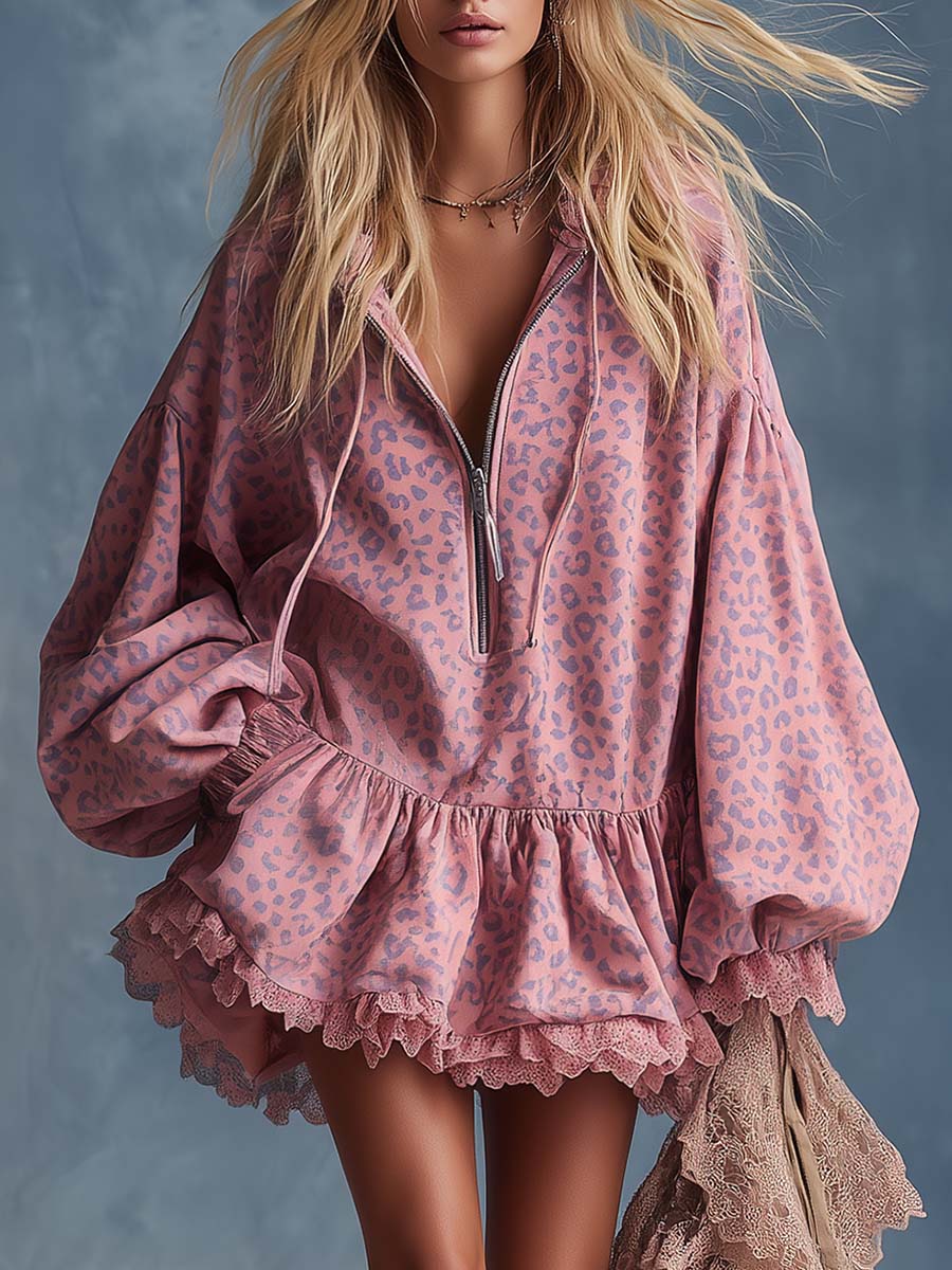 Briony | Women's Hooded Leopard Print Mini Dress - Pink - Image 1