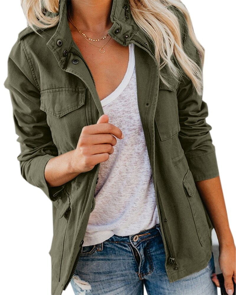 Brynn | Women's Khaki Zip Front Utility Jacket - Khaki - Image 1