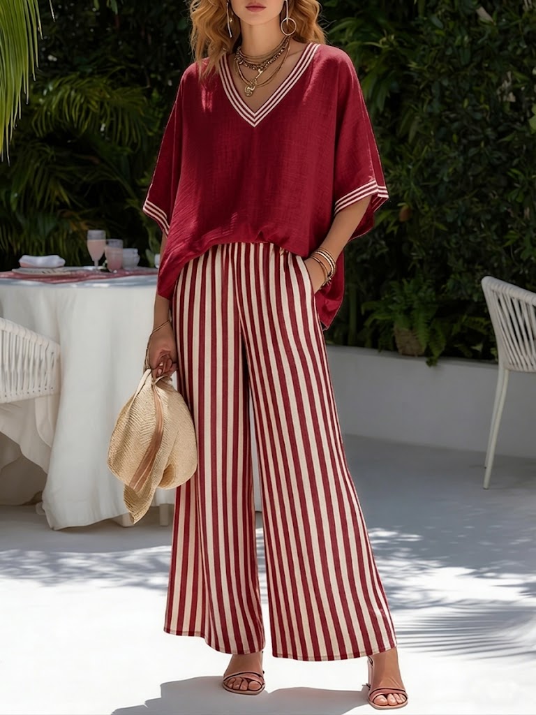 Brynn | Women's Striped V-Neck Wide Leg Pants Set - Striped - Image 1
