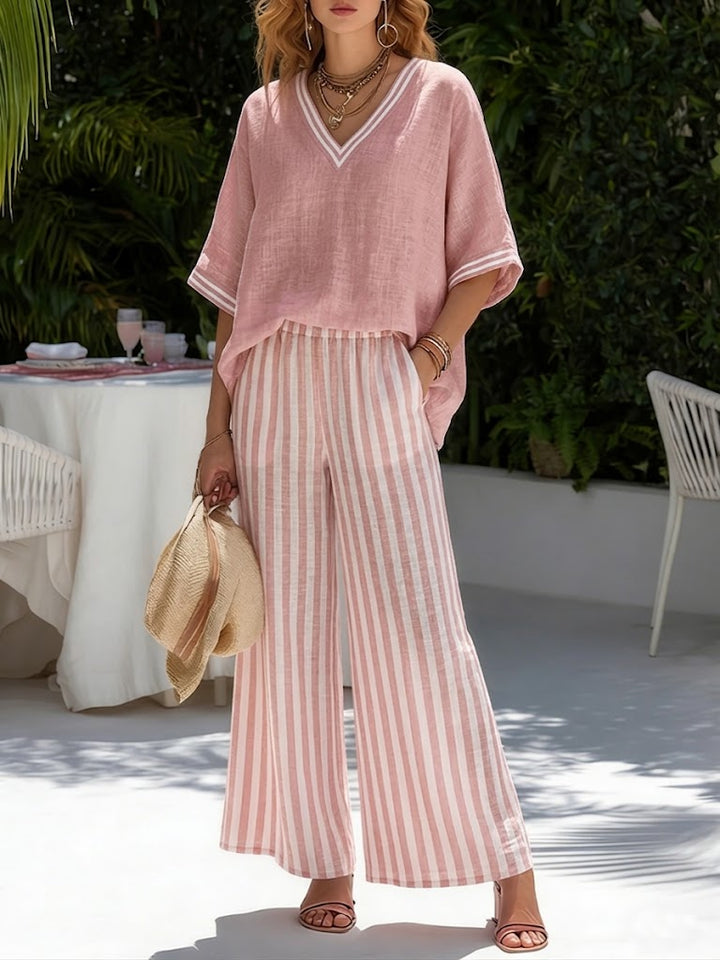 Brynn | Women's Striped V-Neck Wide Leg Pants Set - Striped - Image 2