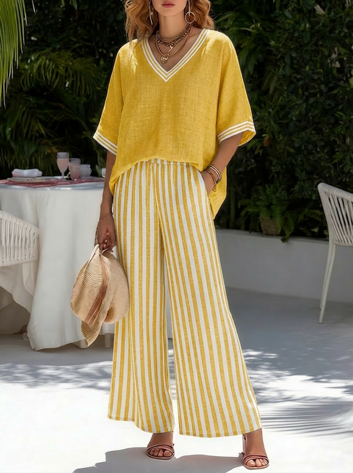 Brynn | Women's Striped V-Neck Wide Leg Pants Set - Striped - Image 4