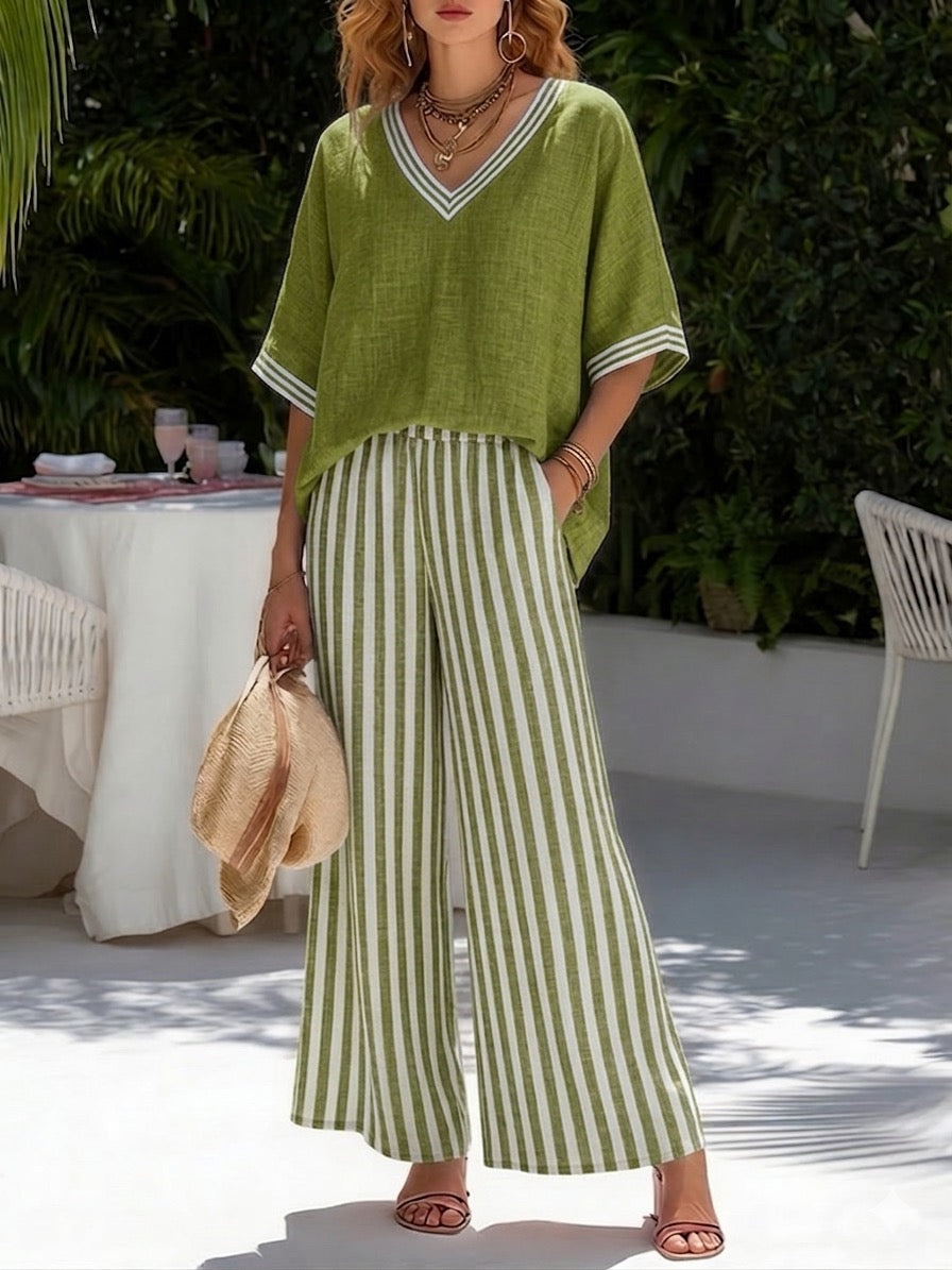 Brynn | Women's Striped V-Neck Wide Leg Pants Set - Striped - Image 5