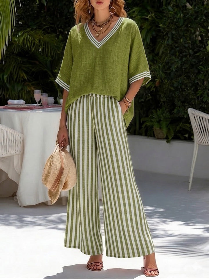 Brynn | Women's Striped V-Neck Wide Leg Pants Set - Striped - Image 5