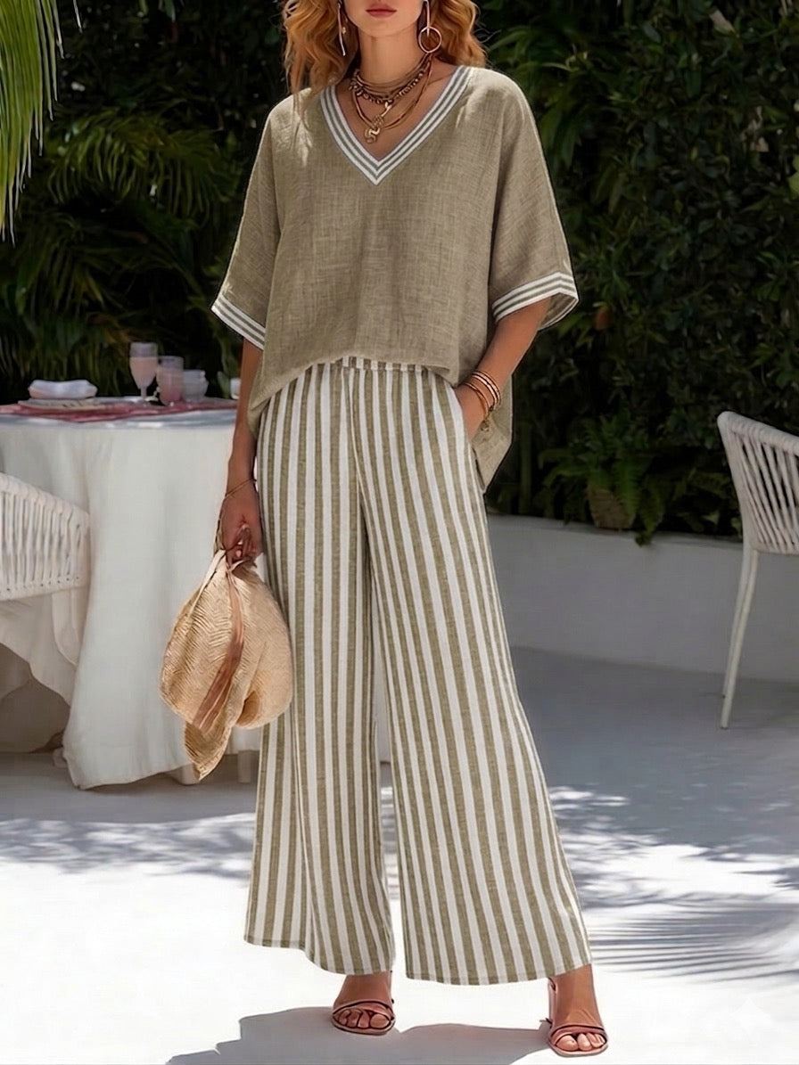 Brynn | Women's Striped V-Neck Wide Leg Pants Set - Striped - Image 7