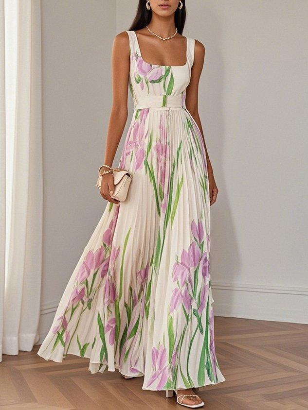 Ellie™ | White Pleated Floral Maxi Dress