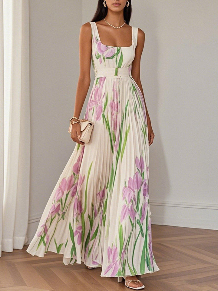 Ellie™ | White Pleated Floral Maxi Dress