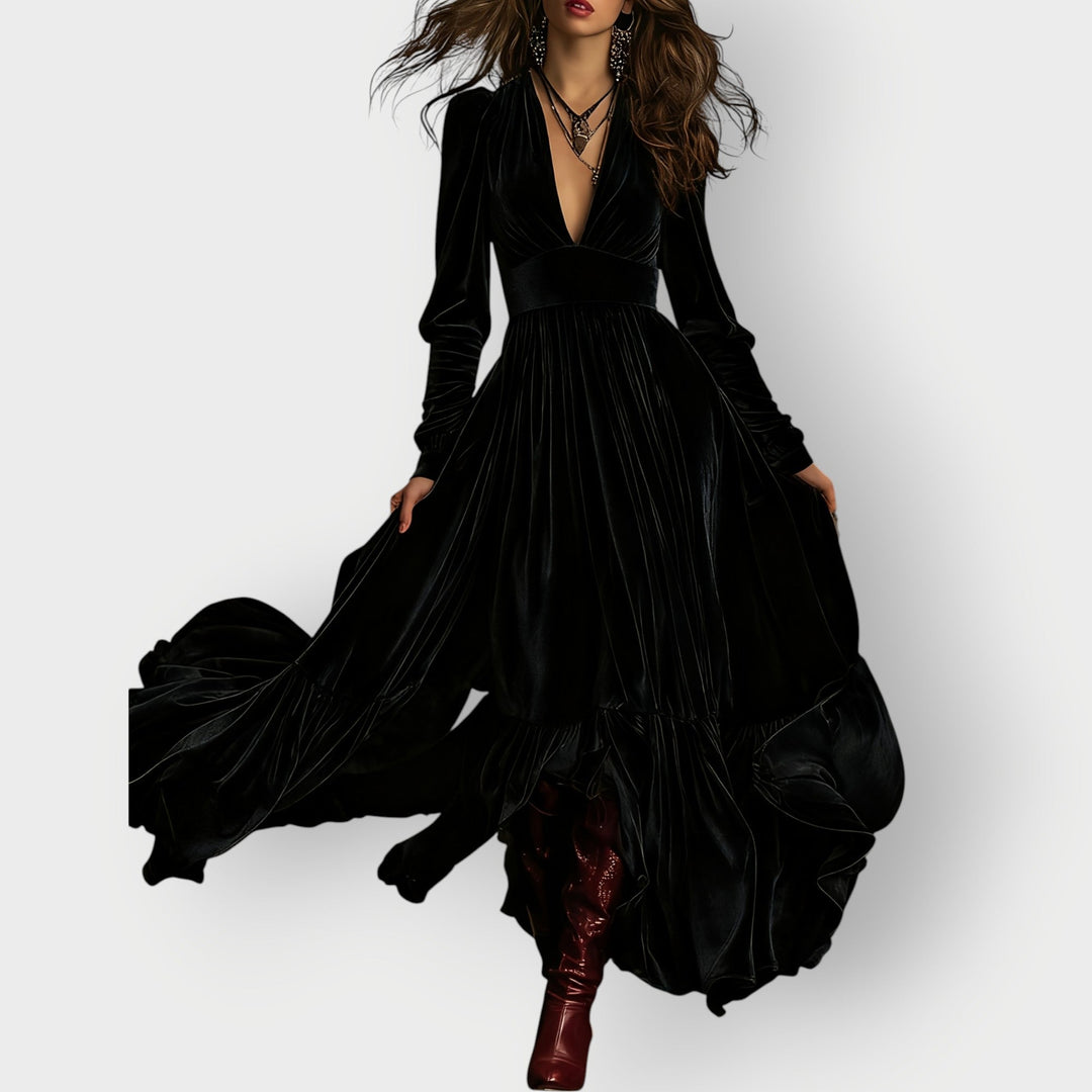 Carly™ | Vintage A-Line Velvet Maxi Dress