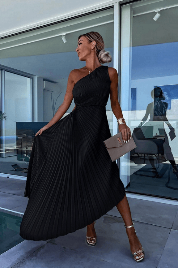 Calinda | Women's One Shoulder Pleated Midi Dress - White - Image 3