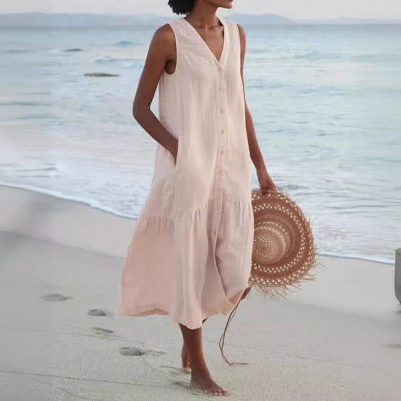 Calinda | Women's Sleeveless Button Front Midi Dress - Peach - Image 1