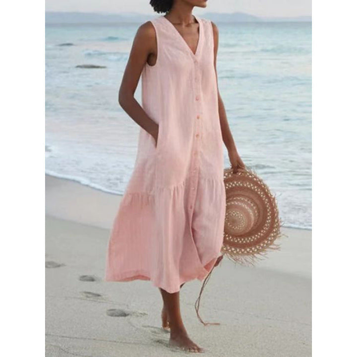 Calinda | Women's Sleeveless Button Front Midi Dress - Peach - Image 11