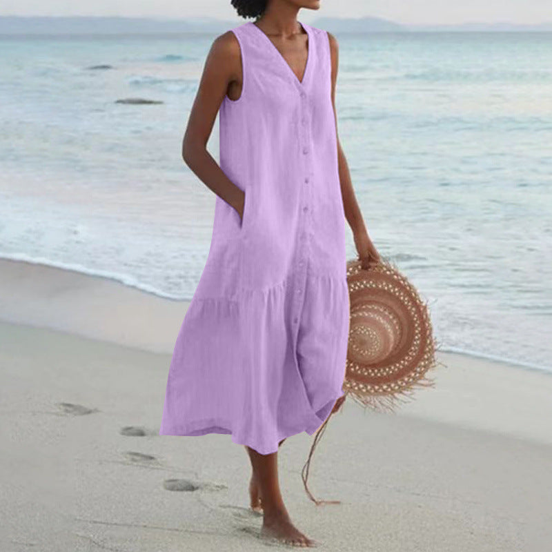 Calinda | Women's Sleeveless Button Front Midi Dress - Peach - Image 12