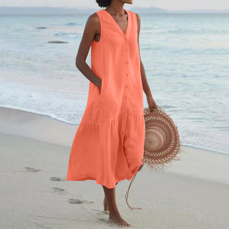 Calinda | Women's Sleeveless Button Front Midi Dress - Peach - Image 3
