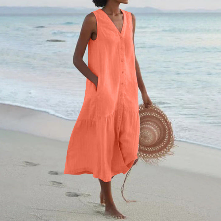 Calinda | Women's Sleeveless Button Front Midi Dress - Peach - Image 3