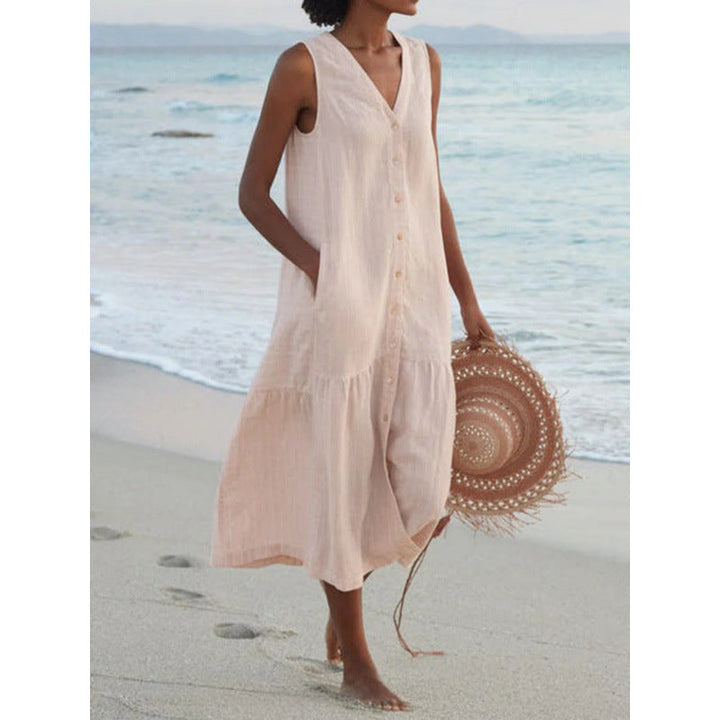 Calinda | Women's Sleeveless Button Front Midi Dress - Peach - Image 4