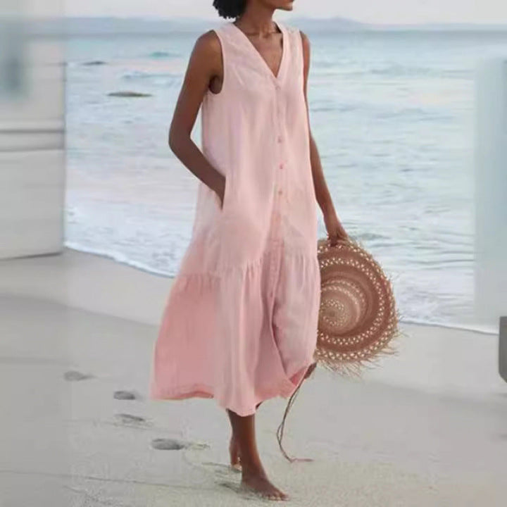 Calinda | Women's Sleeveless Button Front Midi Dress - Peach - Image 5