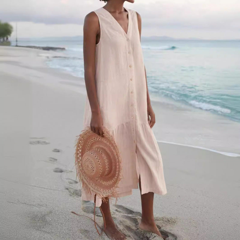 Calinda | Women's Sleeveless Button Front Midi Dress - Peach - Image 6