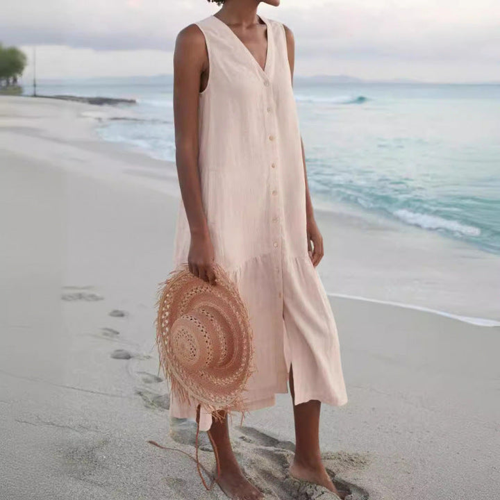 Calinda | Women's Sleeveless Button Front Midi Dress - Peach - Image 6