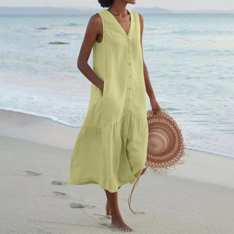 Calinda | Women's Sleeveless Button Front Midi Dress - Peach - Image 9