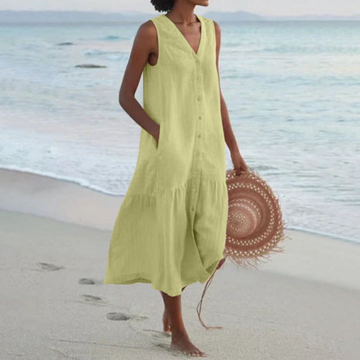 Calinda | Women's Sleeveless Button Front Midi Dress - Peach - Image 9