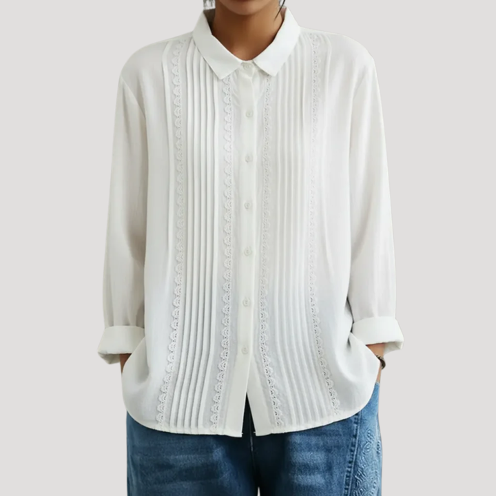 Calista | Women's Pleated Button Front Long Sleeve Blouse - White - Image 1