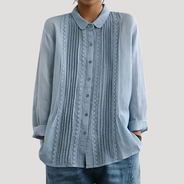 Calista | Women's Pleated Button Front Long Sleeve Blouse - White - Image 2