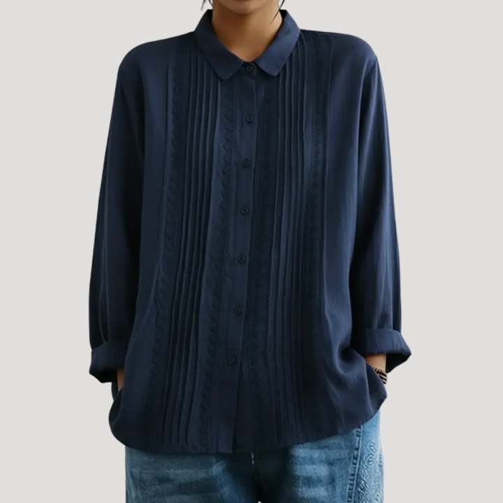 Calista | Women's Pleated Button Front Long Sleeve Blouse - White - Image 3