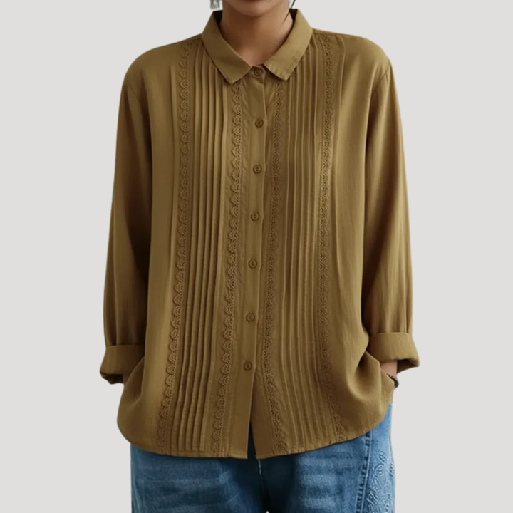 Calista | Women's Pleated Button Front Long Sleeve Blouse - White - Image 5