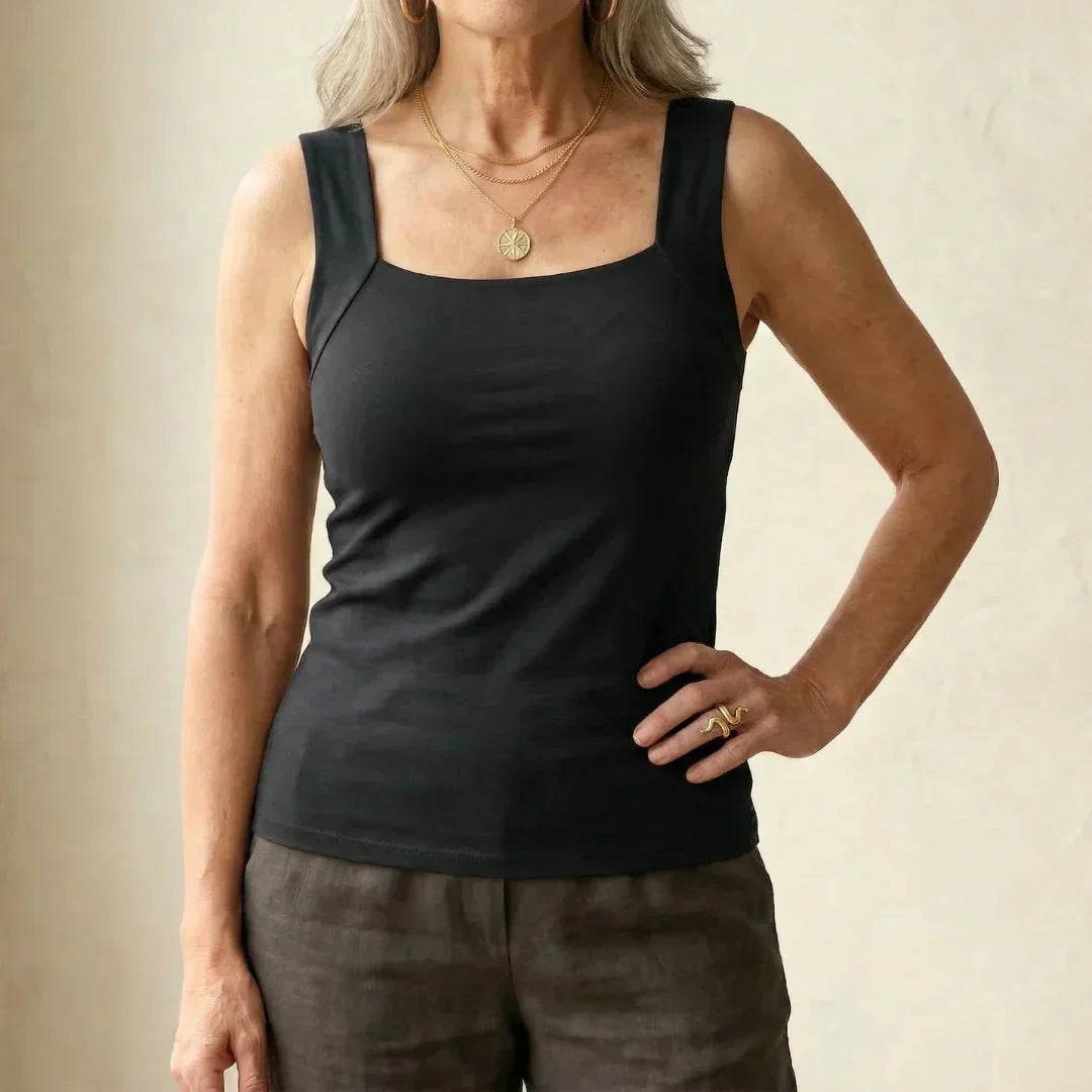 Calista | Women's Square Neck Built-In Bra Tank Top - Black - Image 1