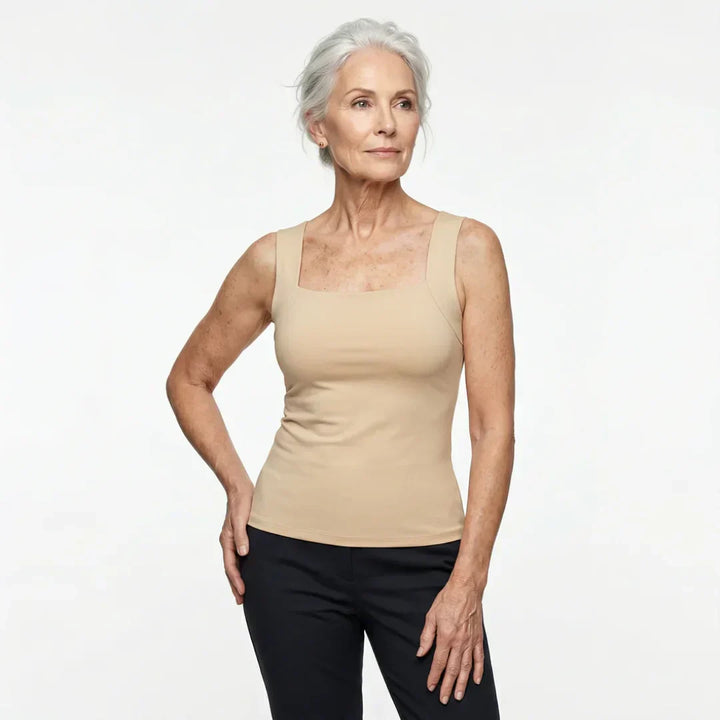 Calista | Women's Square Neck Built-In Bra Tank Top - Black - Image 11