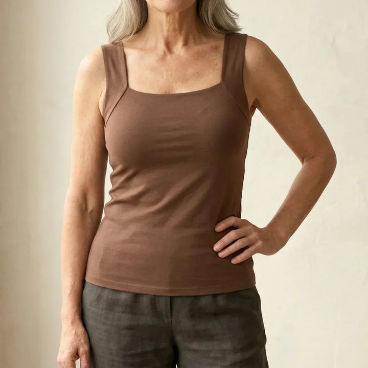Calista | Women's Square Neck Built-In Bra Tank Top - Black - Image 12