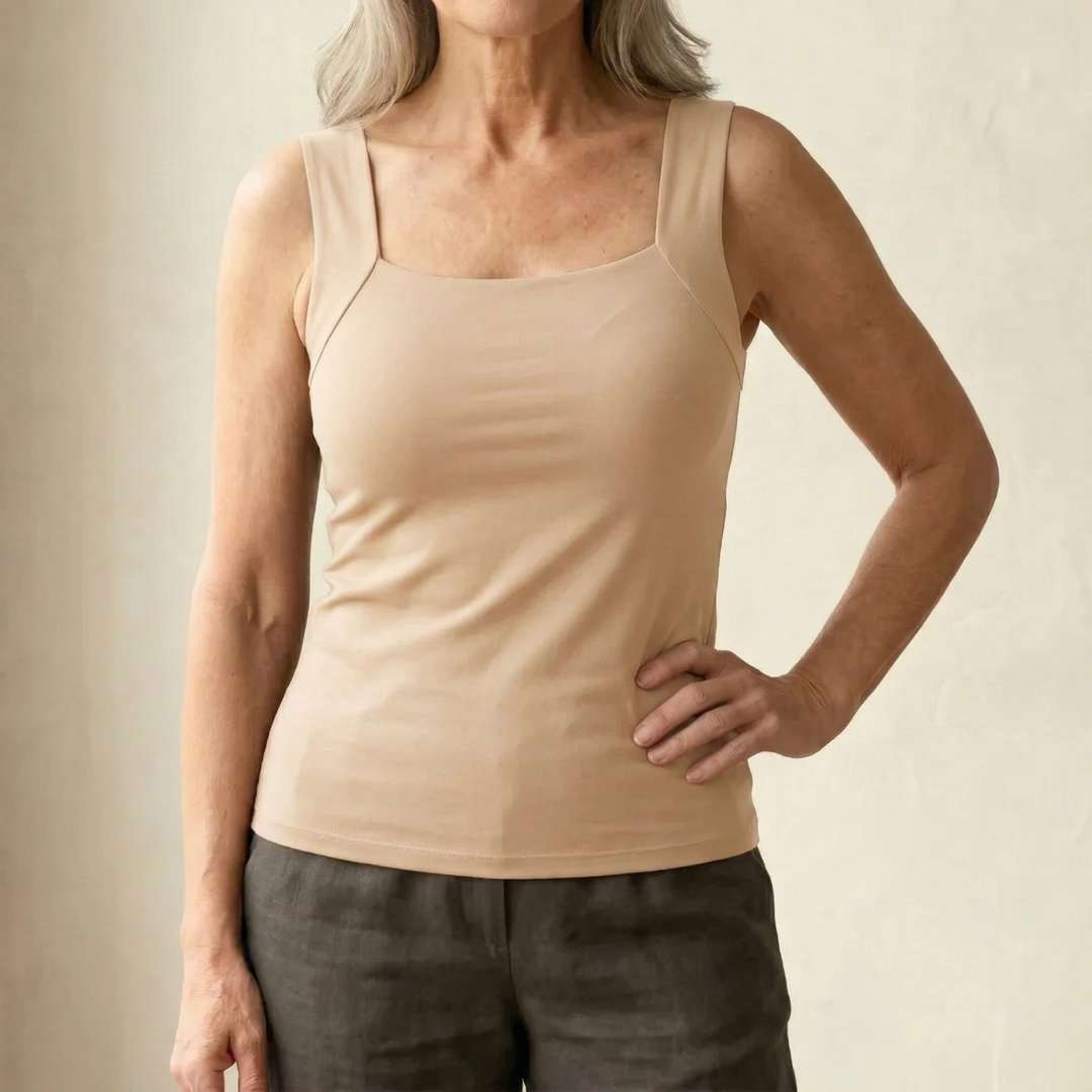 Calista | Women's Square Neck Built-In Bra Tank Top - Black - Image 2