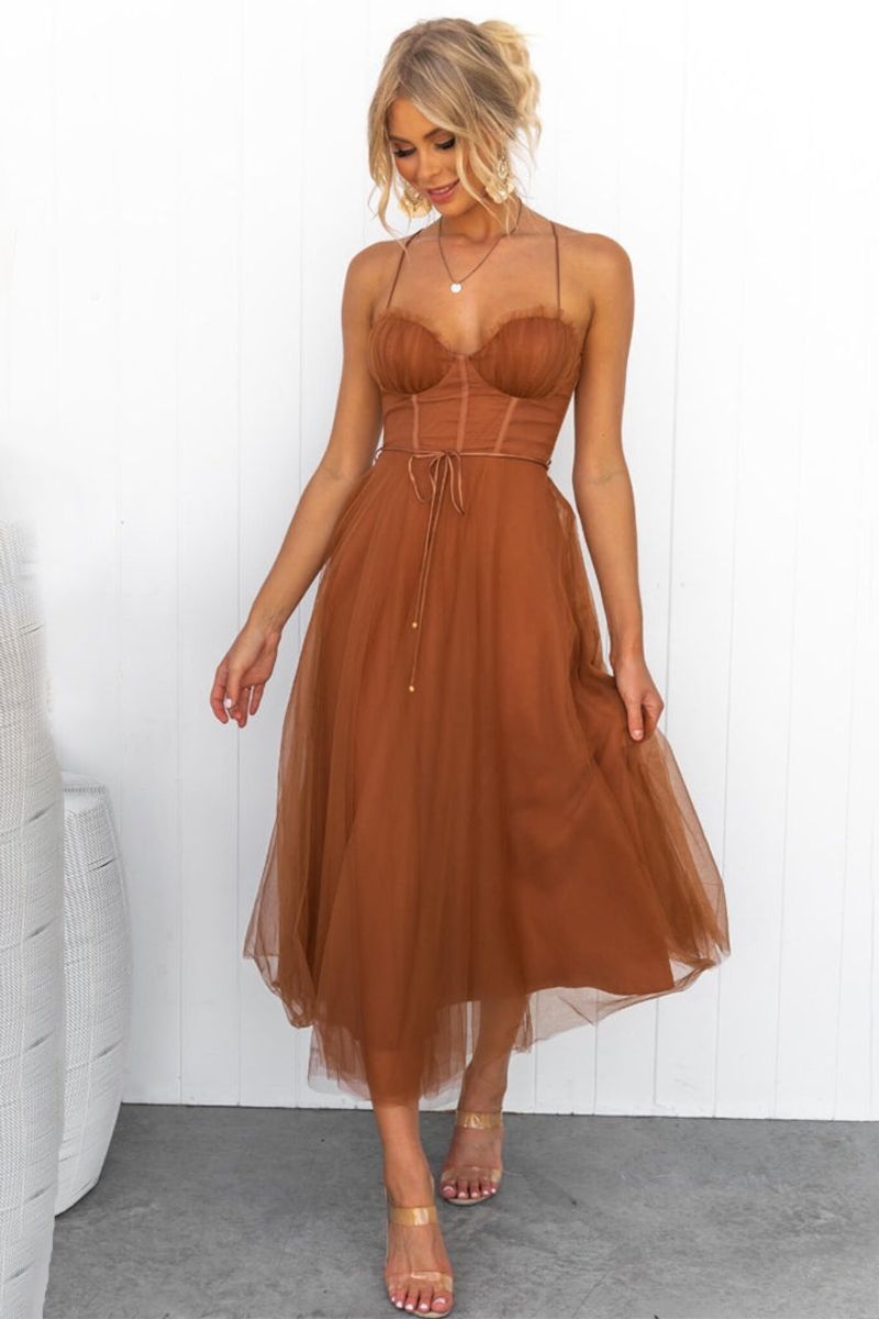 Calliope | Women's Corset Bodice Tulle Midi Dress - Brown - Image 1